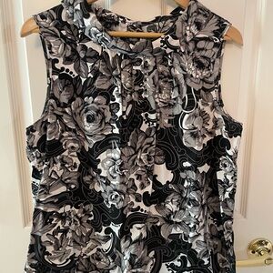 Talbots Blouse Size 16 Floral Black White Grey High Neck Lightweight